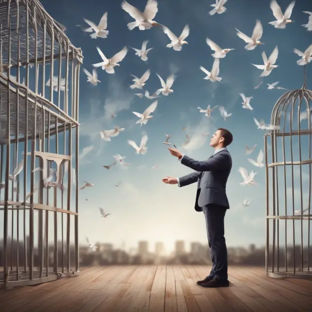 An entrepreneur releases doves symbolizing various exit strategies like IPOs, acquisitions, mergers, and MBOs from a cage signifying business complexities