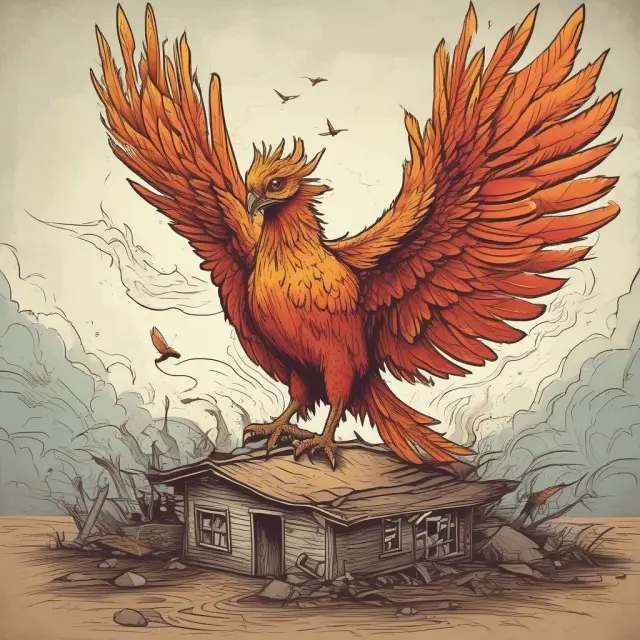 A home office with a phoenix, symbolizing rebirth and growth, surrounded by fire (financial risks), and an open insurance policy.