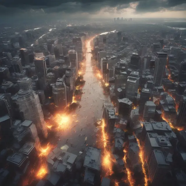 Busy cityscape with flood, earthquake, and firestorm threat; insurances as pillars shielding buildings