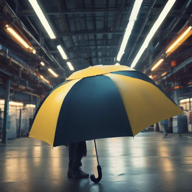 A manufacturing business owner under an umbrella representing product liability insurance, surrounded by potential lawsuits as raindrops