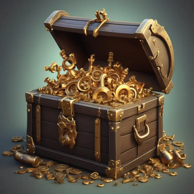 Golden chest filled with gears: Business insurance safeguards valuable property & equipment