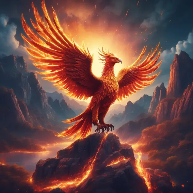 Phoenix rising from a stack of financial documents with a backdrop of graphs and charts, representing BI