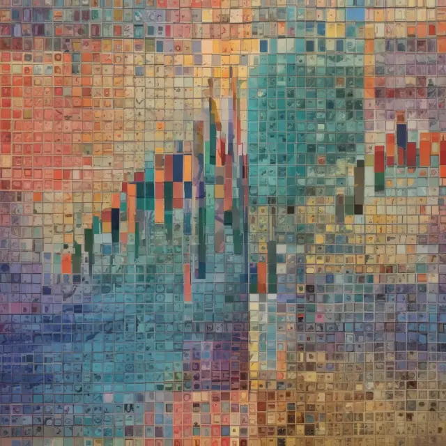 A BI-enhanced mosaic depicting stock tickers, graphs, and market data transforming into clear investment decisions, benefiting institutional investors