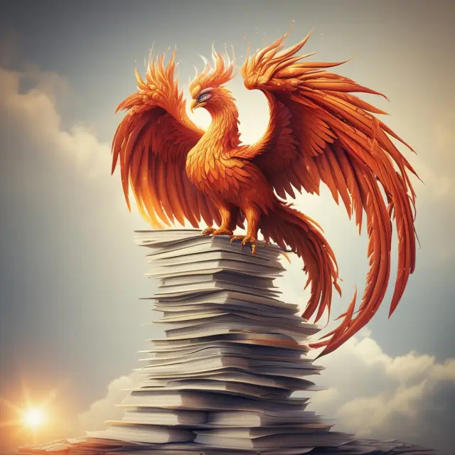 A mythical Phoenix rising from a stack of business plans, representing growth, transformation, and success