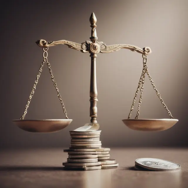 Balanced scale depicts financial planning, representing revenue (left) and expense (right) balance for a successful business plan