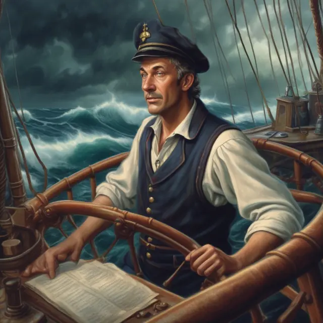 A navigator steering a ship through turbulent waters, symbolizing the challenges and risks involved in business process outsourcing due to cultural differences and vendor relationships.