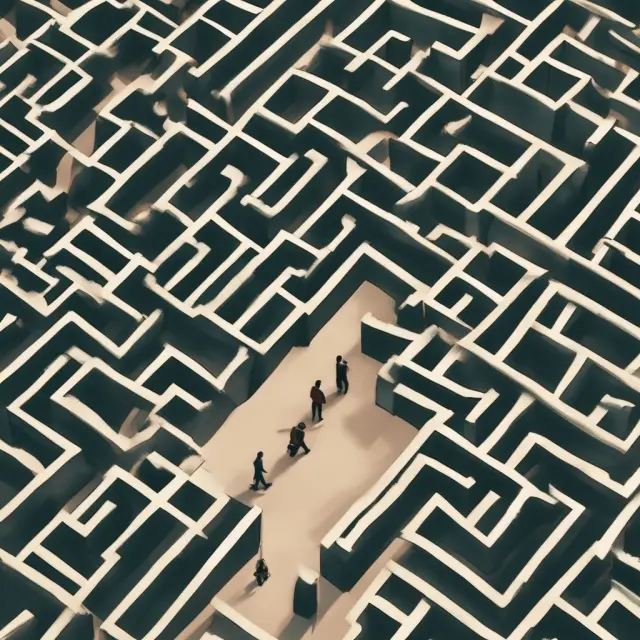 A small business navigates through a labyrinth of federal contract regulations, with the SBA (Small Business Administration) serving as a guiding presence.