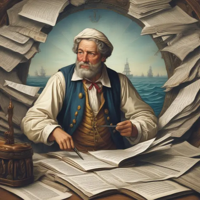 A navigator on a ship sails through a vast sea of bid documents, using a compass to guide them towards state and local government contract opportunities.