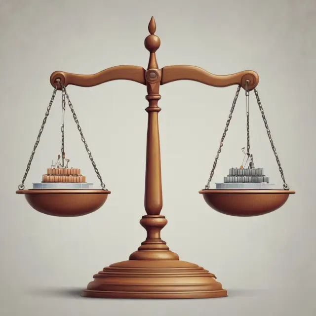 An image of a balance scale with business assets on one side and liabilities on the other, representing the process of determining a company