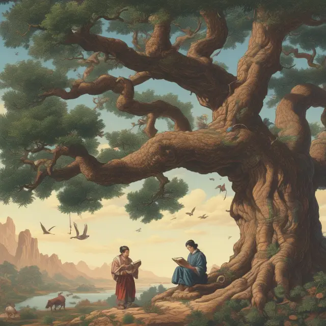 An intellectual engrossed in DCF calculations sits beneath a tree, while an eagle symbolizing present value flies overhead