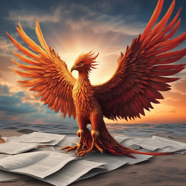 Visualization of a phoenix rising above business documents and legal forms representing the start of an enterprise
