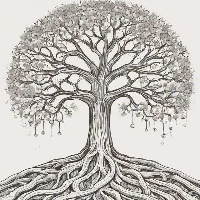 A tree representing various business types growing from interconnected roots, illustrating their diverse structures and origins. Keywords: business types, structure, roots, growth.