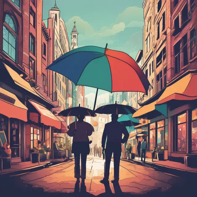 Two businesspeople under an umbrella amidst a vibrant market scene, illustrating a partnership where risks and rewards are shared