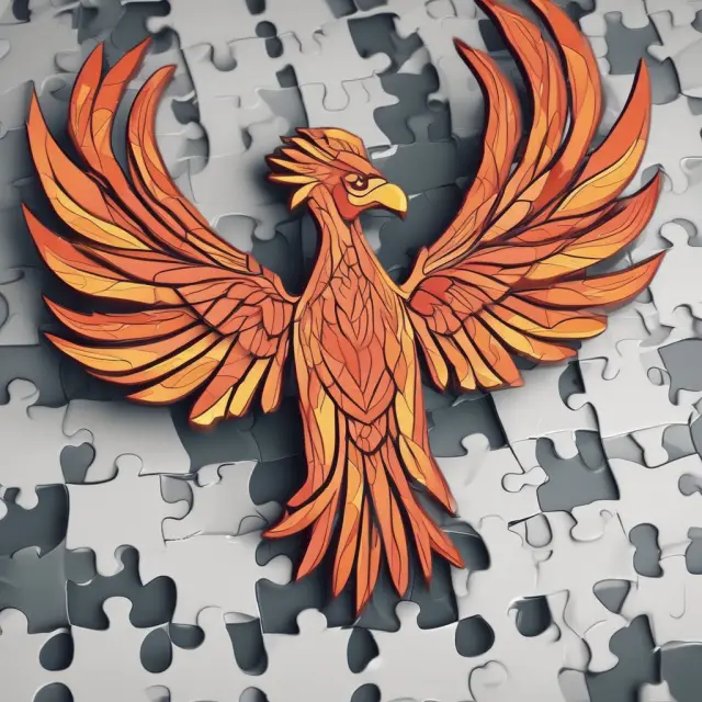 A Phoenix elegantly rises above a jigsaw puzzle representing various business structures, symbolizing the transformation into an LLC.