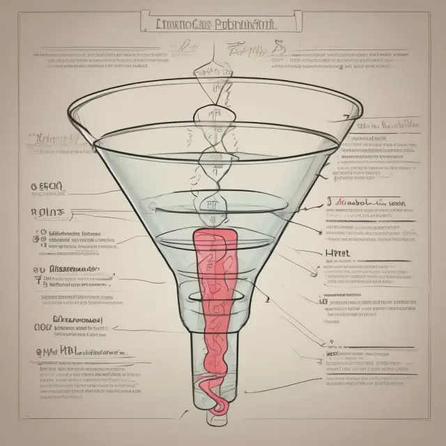 Business expenses (gifts, meals, depreciation) flowing into an income statement funnel. Direct costs subtracted first, followed by indirect costs to calculate net income.