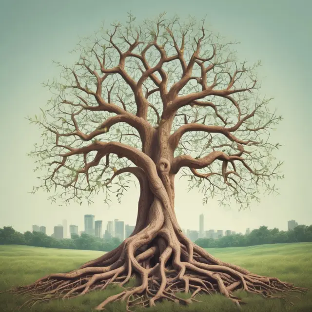 A thriving business tree grows with intertwined vines of interest expenses, symbolizing the relationship between business growth and managing borrowed funds.