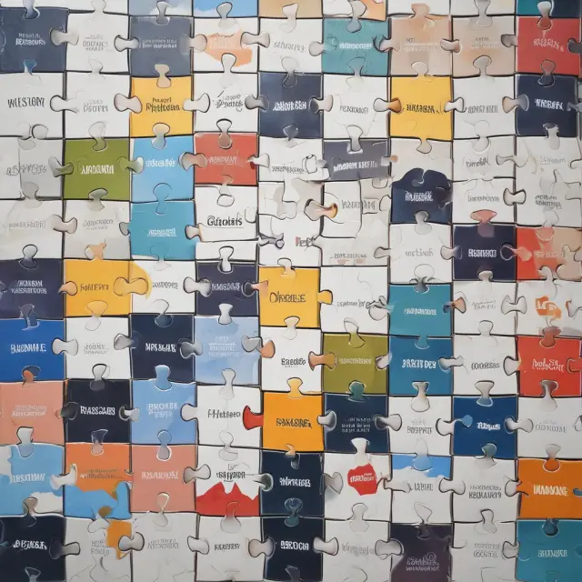 A mosaic illustrating the six puzzle pieces of a business model: value proposition, target audience, channels, customer relationships, revenue streams, and key resources