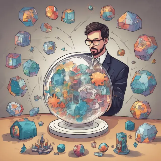  Entrepreneur examining business models with crystal ball and puzzles for value proposition and market growth insights