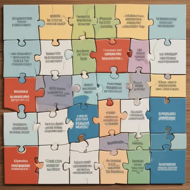 A jigsaw puzzle illustrating the interconnected components of a business model: value proposition, target market, customer relationships, channels, revenue streams, and key resources.