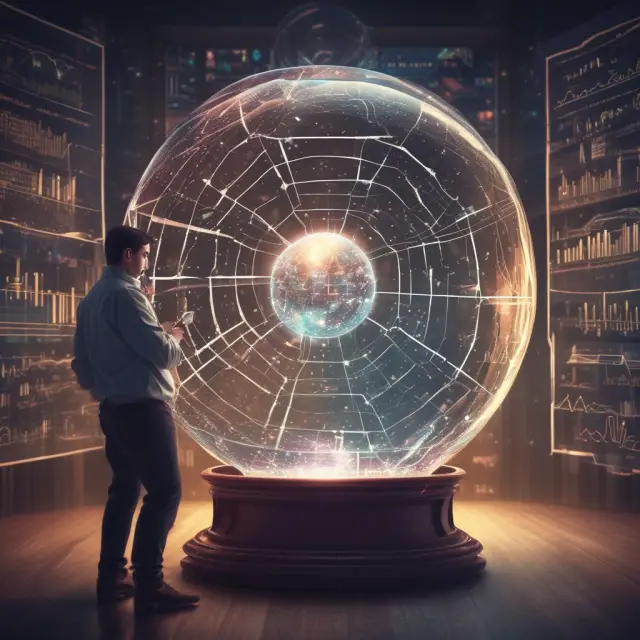 An investor examines a crystal ball filled with financial data, surrounded by graphs representing market size, competition, operational efficiency, and future projections
