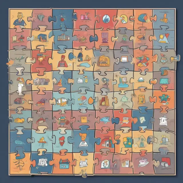 Entrepreneur working on a puzzle representing the six elements of a business model: customers, value proposition, channels, customer relationships, revenue streams, and key resources.