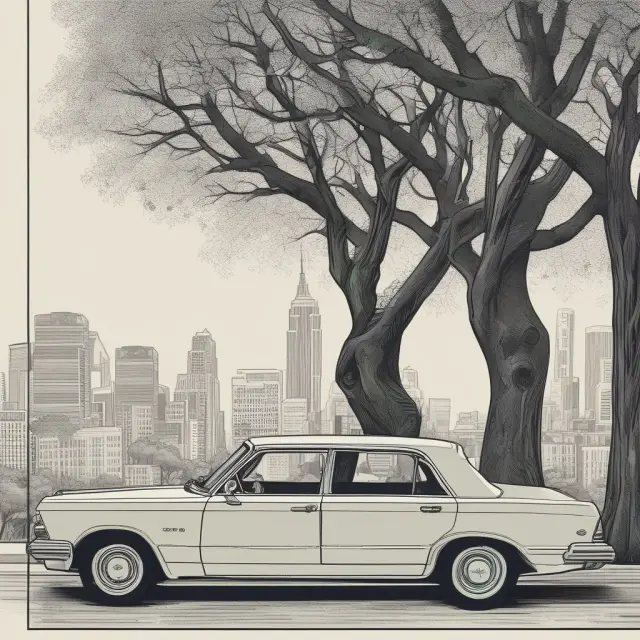 A split image of two stylized trees representing Uber and Spotify, each adorned with leaves symbolizing their respective innovative business models: ride-hailing and freemium music streaming