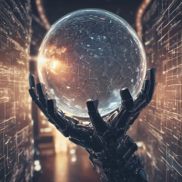 Robot hand represents the future of business models. Crystal ball shows trends: AI, blockchain, and sustainability. Flowing codes represent technology innovation.