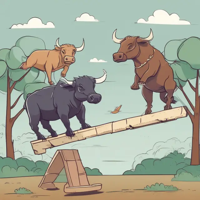 Business bull and bear on a seesaw represent strategic decisions. Leverages (operation and financial) vary, reflecting risk and profitability