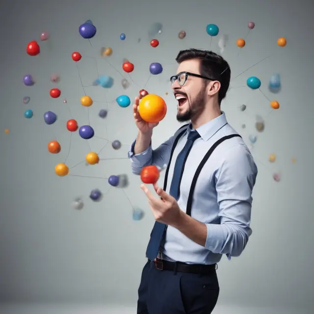 An employee skillfully juggling multiple fragile spheres, symbolizing the various operational risks faced by businesses