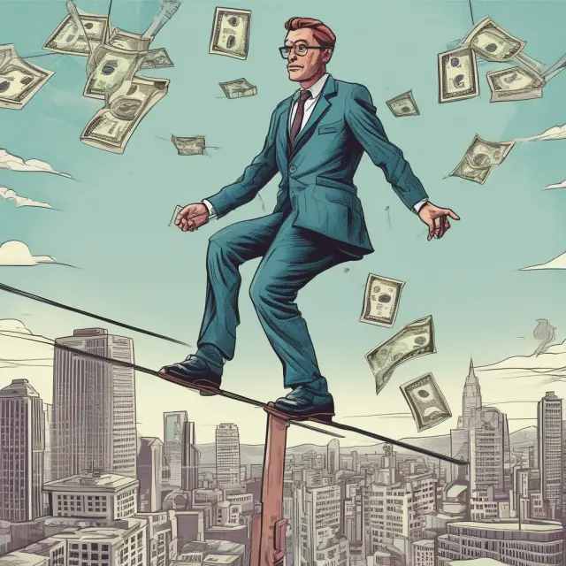 A banker balancing on a tightrope, illustrating the risk of operational failure due to money laundering and regulatory scrutiny.