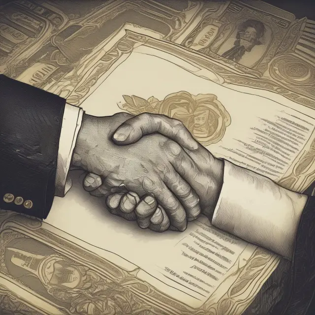 Partners shaking hands on a table, with a golden buy-sell agreement as their focus