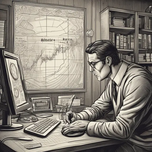 Buyer examining waves with magnifying glass, setting limit price in stock market