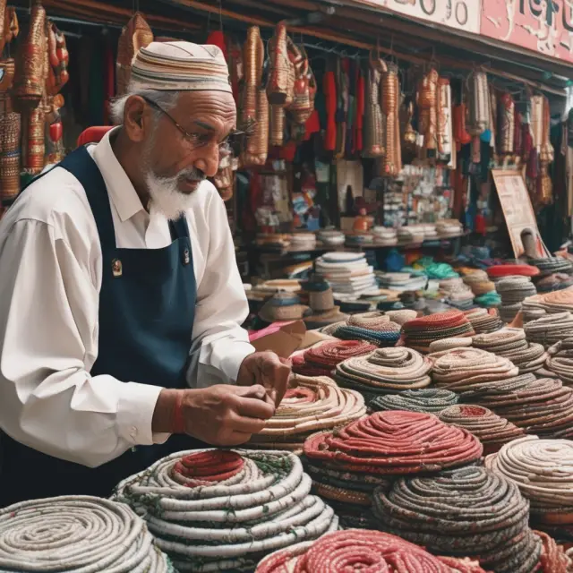 An investor haggling with merchants at a bustling marketplace, successfully securing shares with buy limit orders