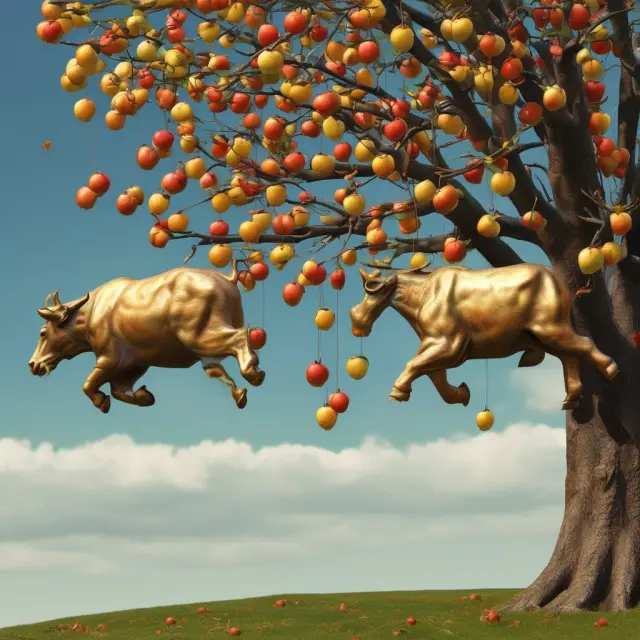 Bull and bear missing ripe apples while standing under an apple tree representing buy limit orders and time decay.