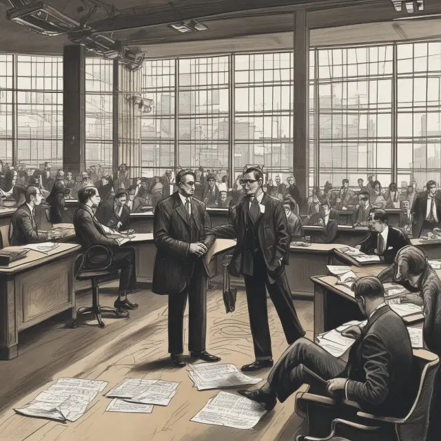 A stock trader at an auction floor, using a gavel to set limit prices for shares acquisition