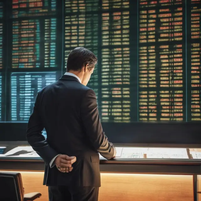 An investor examining a stock ticker and strategically setting buy limit orders for potential purchases