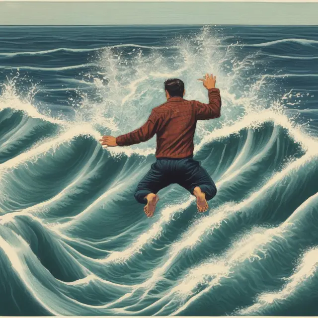 An investor bravely dives into a pool of turbulent stock market waves, seeking profitable dips. Buying the Dips strategy.