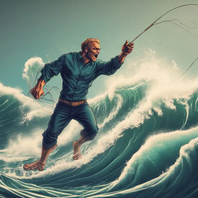 An investor on a surfboard rides the waves formed by moving averages while staying calm amidst the turbulent Bollinger Bands, signifying emotional control during buying dips in the stock market.