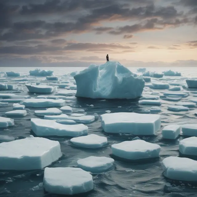 Investor braving choppy waters filled with icebergs signifying common pitfalls while employing the buy the dips strategy; lifebuoys represent proper stop losses and exit strategies.