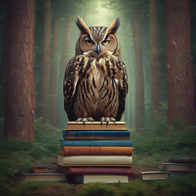 A wise owl oversees a diverse pile of books symbolizing knowledge, while a forest of stocks and ETFs grows below, illustrating successful long-term buy-and-hold investment strategy.