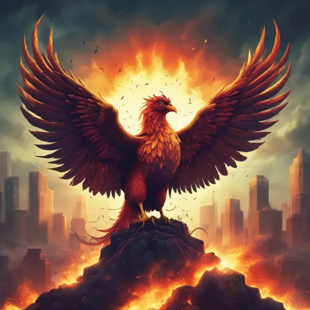 Phoenix emerging from flames with stocks in hand, illustrating long-term investment endurance