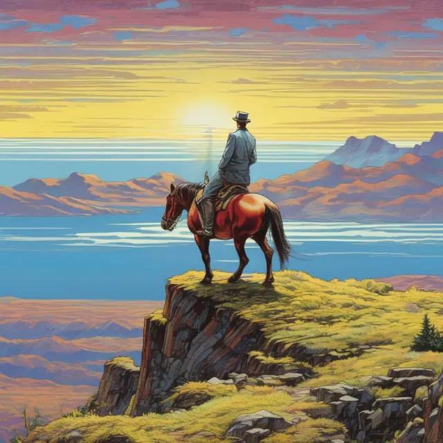 A passive investor atop a mountain, peacefully observing the volatility of active management in the financial waters below