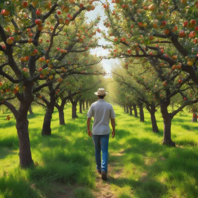 An investor cultivating an orchard of apple trees, representing the growth and rewards of long-term buy-and-hold strategies