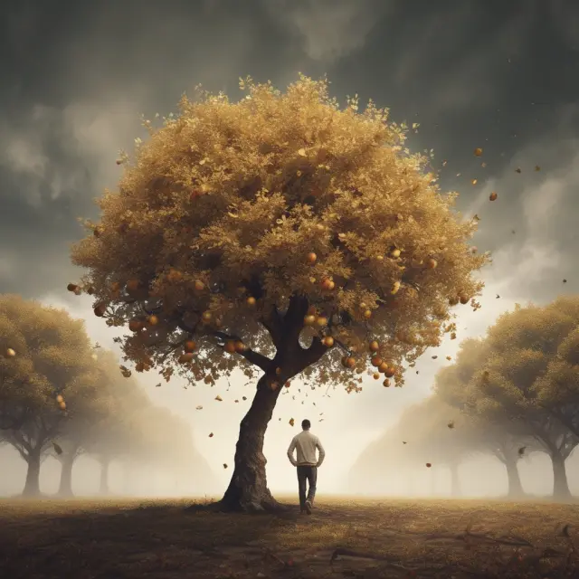 Golden apple tree held by investor amidst stormy orchard - Long term buy & hold strategy