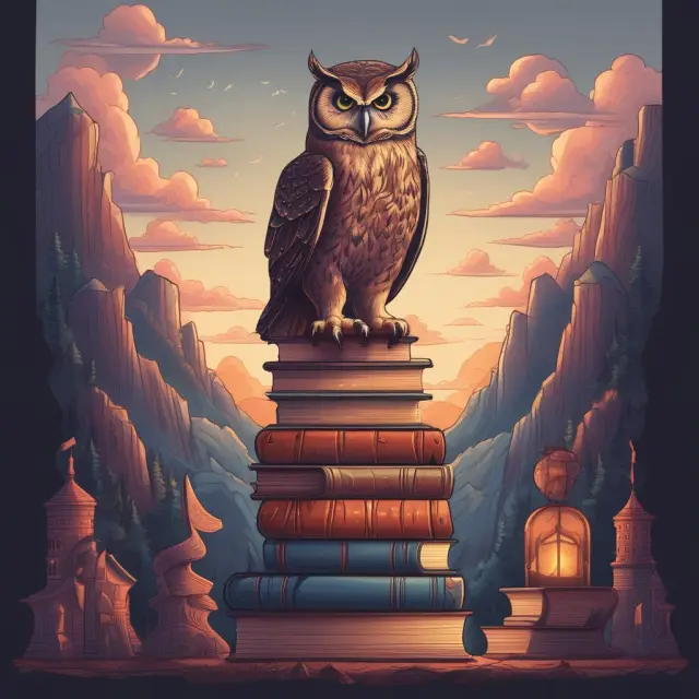 An image of a wise owl perched atop a stack of books, holding a pair of scales. The background includes mountains and greenery, symbolizing long-term investment strategies and tax planning.