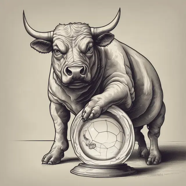 A wise bull holds a crystal ball displaying various investment portfolios, illustrating the importance of proper planning and diversification in long-term buy-and-hold strategy