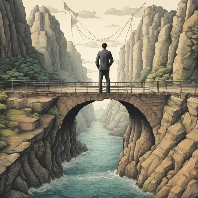 A broker extending a bridge to enable an investor to cross the chasm for buying on margin, surrounded by securities and cash