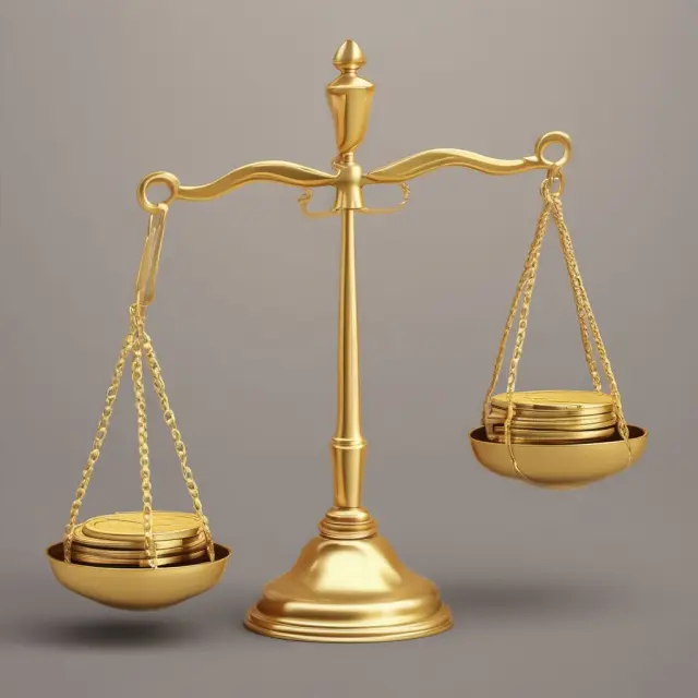 A golden scale illustrating net returns in margin trading, as coins slide back and forth between profit and loss sections