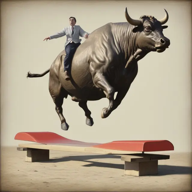 An investor teeters on a see-saw during a bull market, balancing potential profits from margin trading against increased risks and the possibility of a margin call