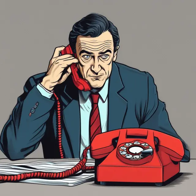A stern-looking broker with a red phone in hand issues a warning to an anxious investor about a margin call.